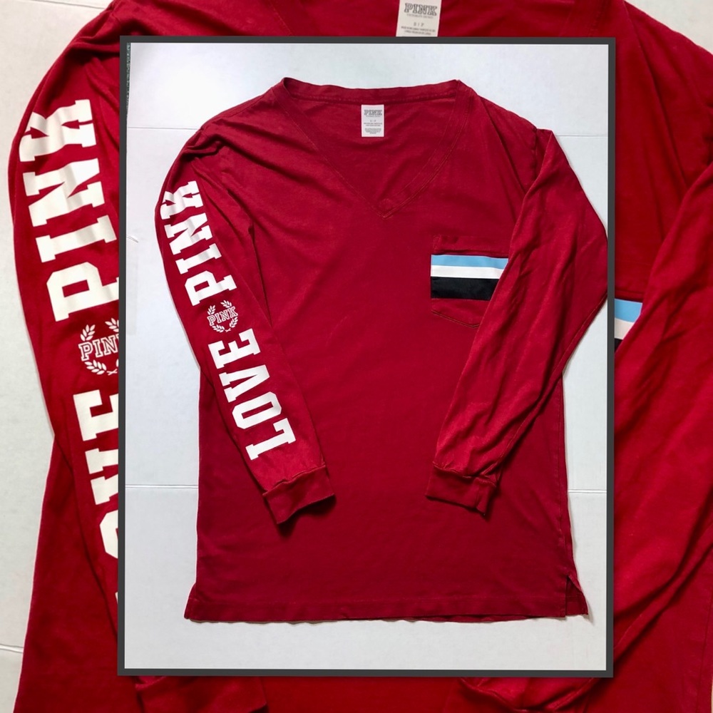 PINK VICTORIAS SECRET RED LONG SLEEVE CAMPAS POCKET  T SHIRT S